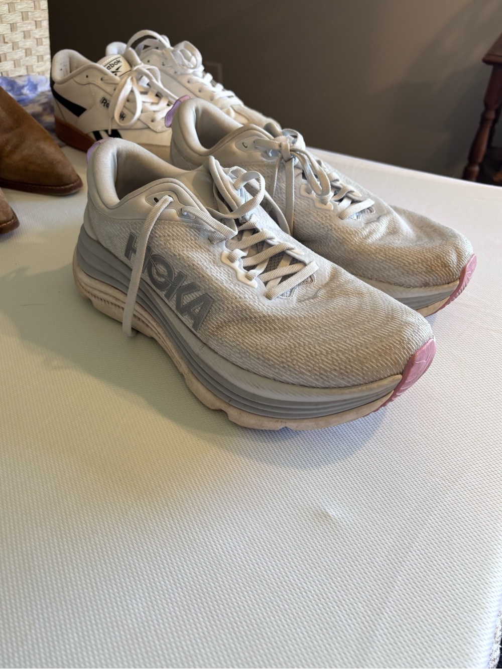 Hoka Women's White Running Shoes with Pink Toe Cap